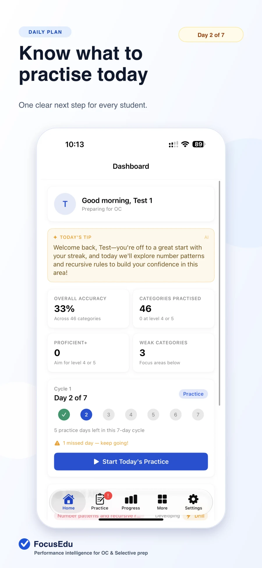 FocusEdu iPhone app showing today’s targeted daily practice plan