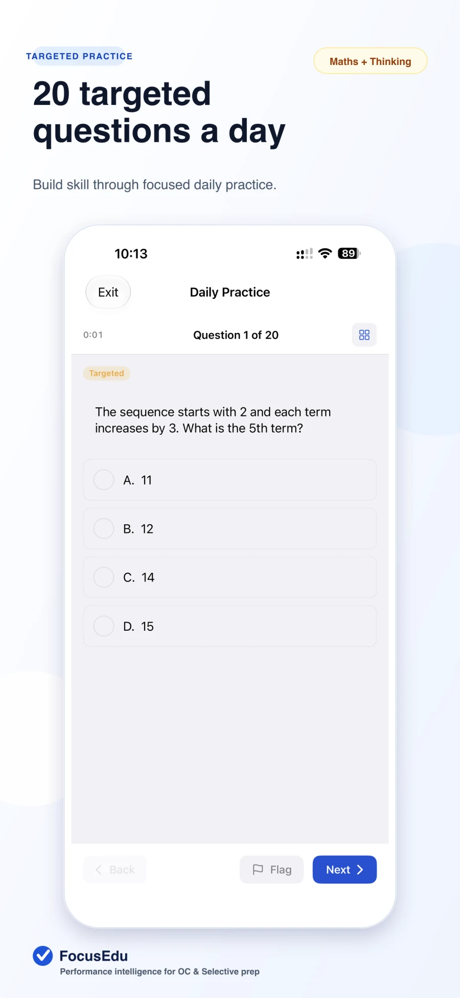 FocusEdu iPhone practice screen showing a Mathematical Reasoning question